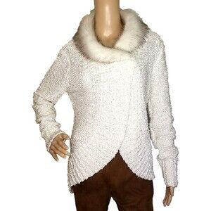 Alberto Makali White Faux Fur Collar Womens Large Knit Sweater Textured      T39